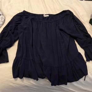 LOFT off the shoulder ruffle button sleeve navy top